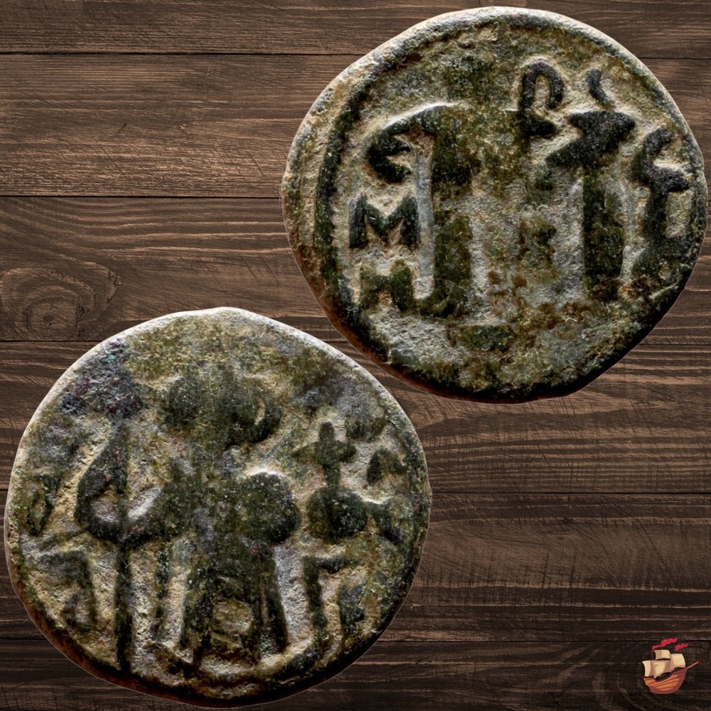 BEAUTIFUL Arab Byzantine Follis – Umayyad Caliphate (680s) VISIBLE LEGEND @k314