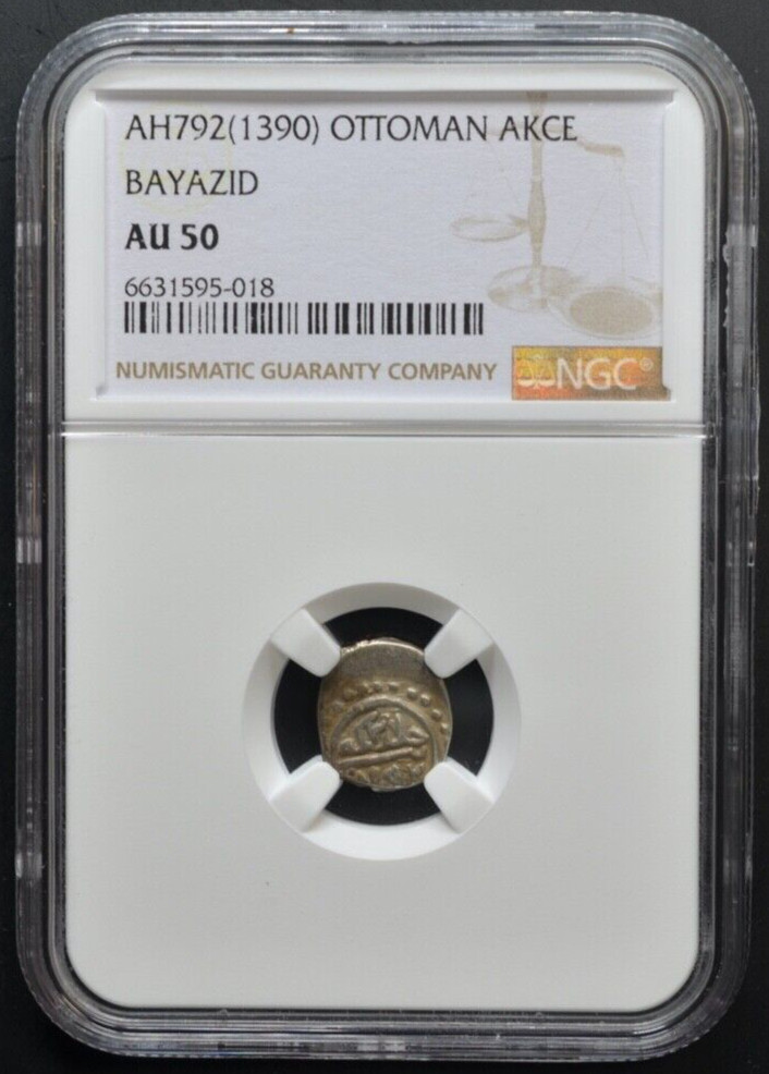 BAYAZID, AH792 (1390), OTTOMAN AKCE, NGC —422—
