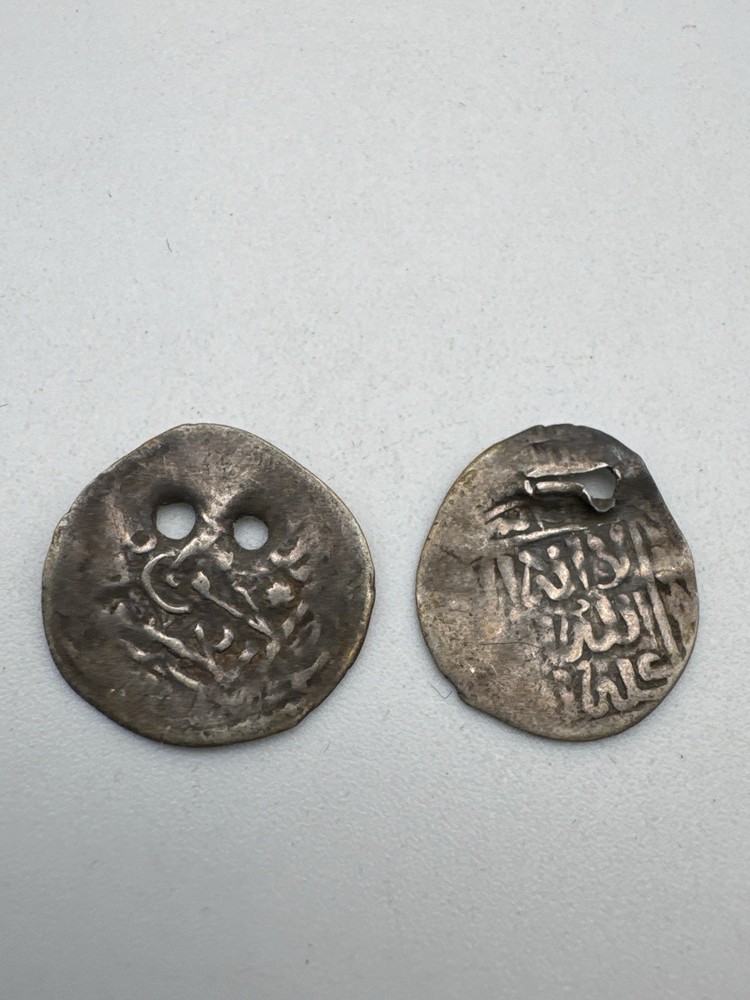 Pair 15th-16thC Ottoman Empire Silver Akce Hammered Coins Historic Garment Holes