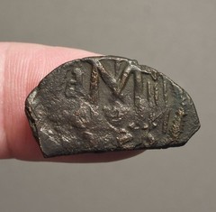 IS56-79 Earliest type Arab-Byzantine AE fals, time of Rashudin, c. 638-643AD