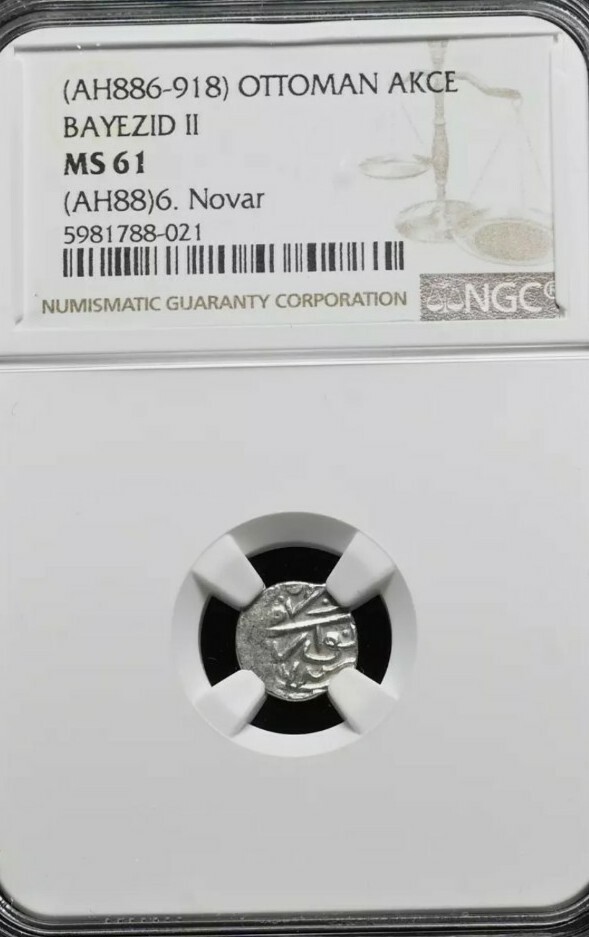 Bayezid II, Silver Akce, AD 1481-1512, Novar, Ottoman Empire. NGC MS61