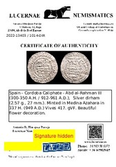 *Lucernae* Abd al-Rahman III Dirham Caliphate (#1014) Med Azahara 337 H 949 AD
