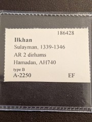 Ilkhanate Mongol Empire 2 Dirhams Sulayman AH740 Silver Medieval Islamic Coin EF