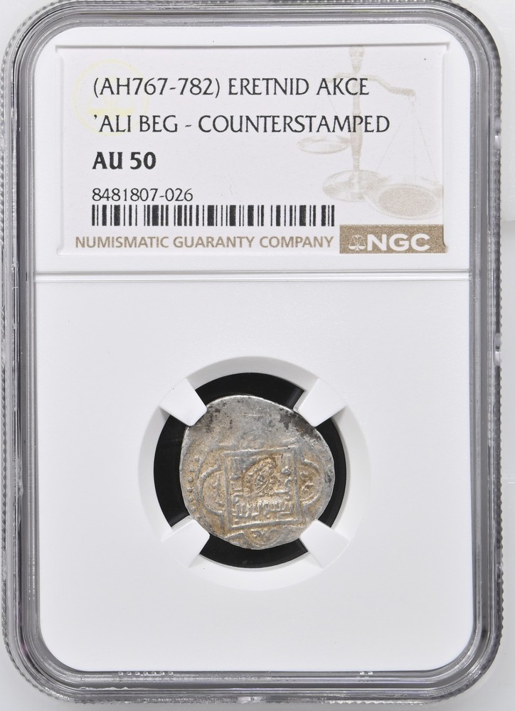 (AH 767-782) ERETNID ‘ALI BEG – COUNTERSTAMPED AKCE NGC AU 50