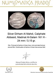 Silver Dirham Al Mahdi, Caliphate Abbasid, Madinat Al-Salam 161 H – 24 mm / 3,15